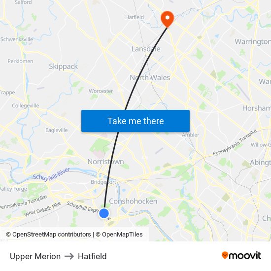 Upper Merion to Hatfield map