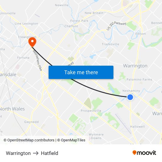 Warrington to Hatfield map