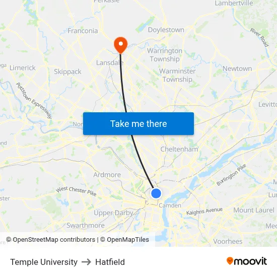 Temple University to Hatfield map