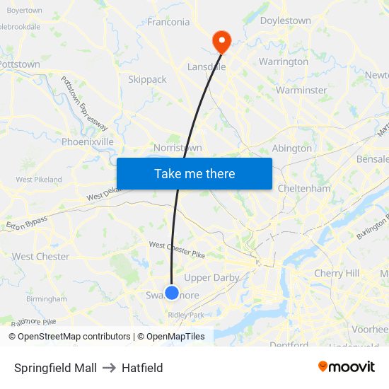 Springfield Mall to Hatfield map