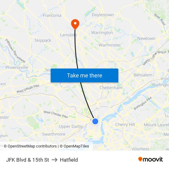 JFK Blvd & 15th St to Hatfield map