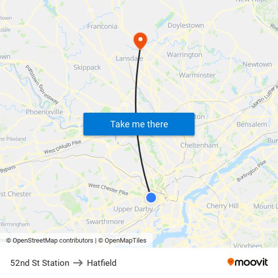 52nd St Station to Hatfield map