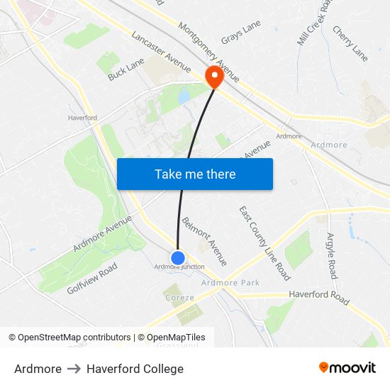 Ardmore to Haverford College map