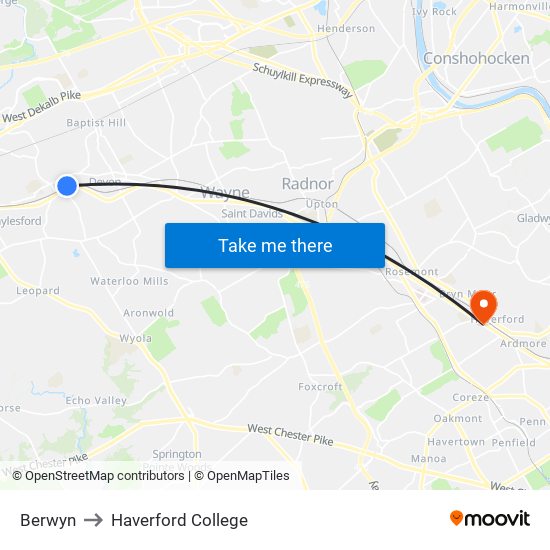 Berwyn to Haverford College map