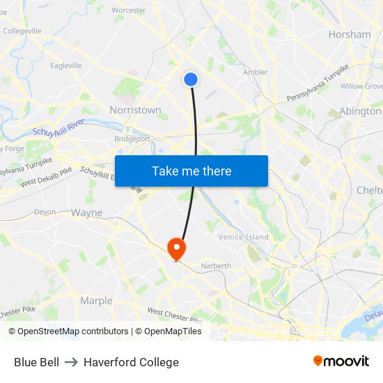 Blue Bell to Haverford College map