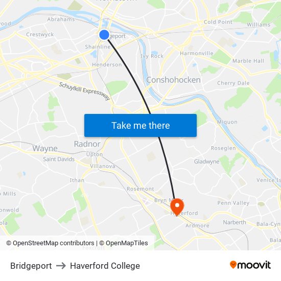 Bridgeport to Haverford College map