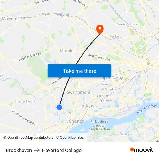 Brookhaven to Haverford College map