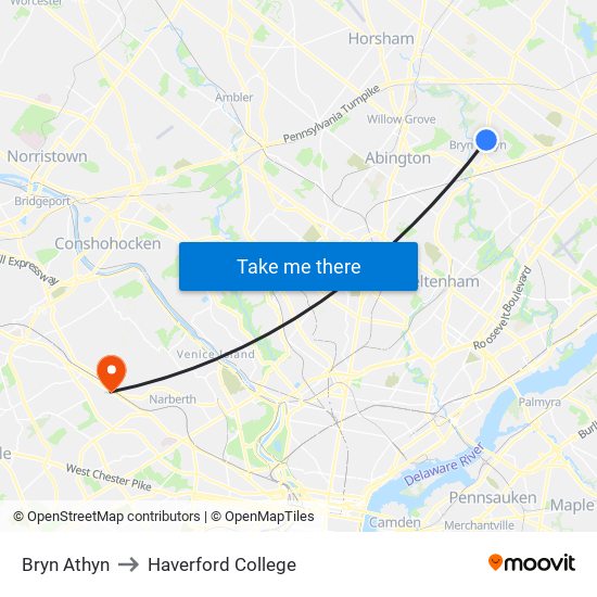 Bryn Athyn to Haverford College map