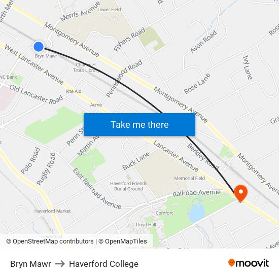 Bryn Mawr to Haverford College map