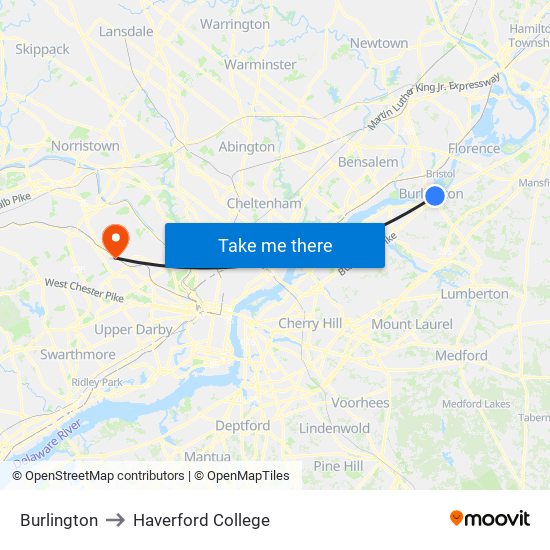 Burlington to Haverford College map