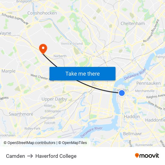 Camden to Haverford College map