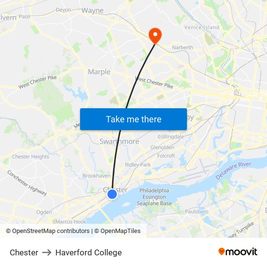 Chester to Haverford College map