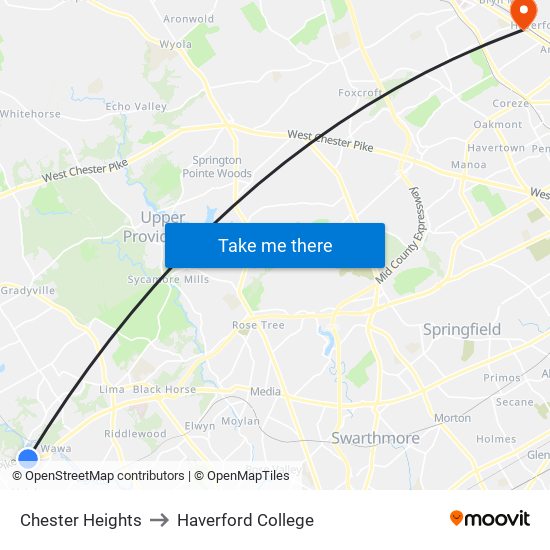 Chester Heights to Haverford College map