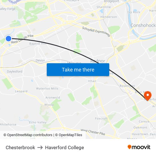 Chesterbrook to Haverford College map