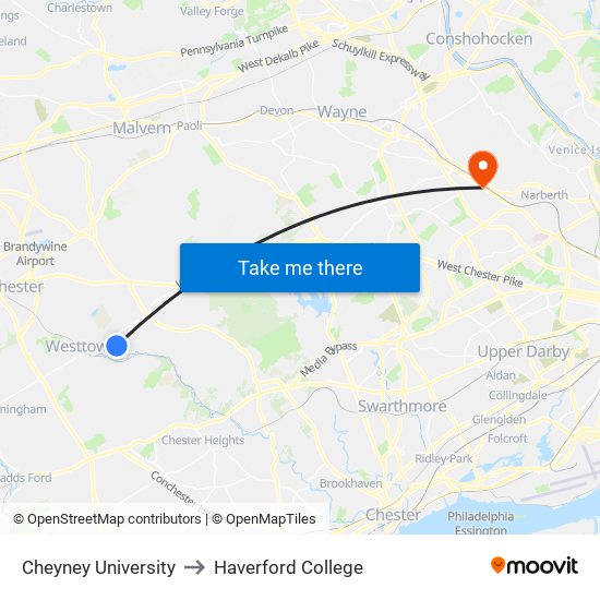 Cheyney University to Haverford College map