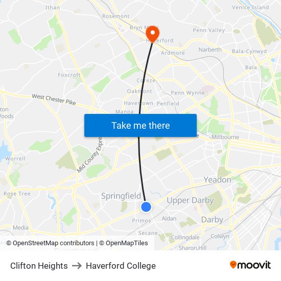 Clifton Heights to Haverford College map