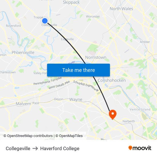 Collegeville to Haverford College map