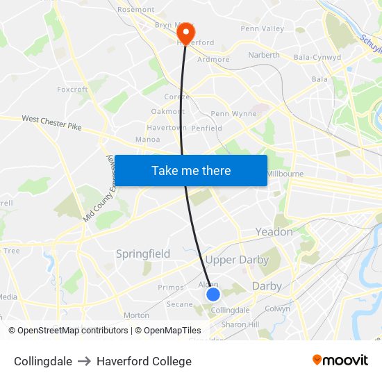 Collingdale to Haverford College map