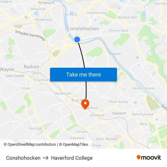 Conshohocken to Haverford College map
