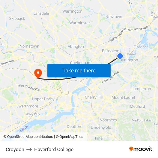 Croydon to Haverford College map