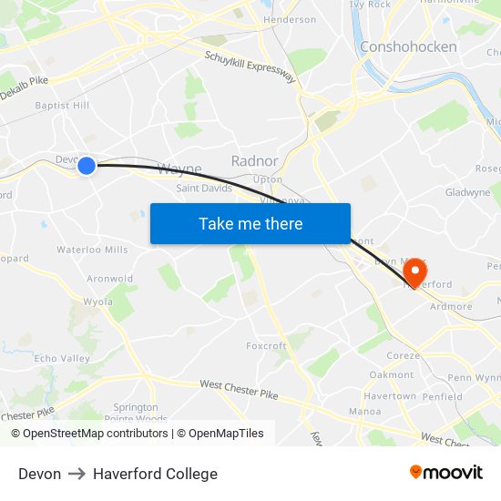 Devon to Haverford College map
