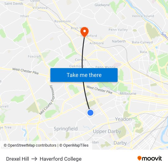 Drexel Hill to Haverford College map