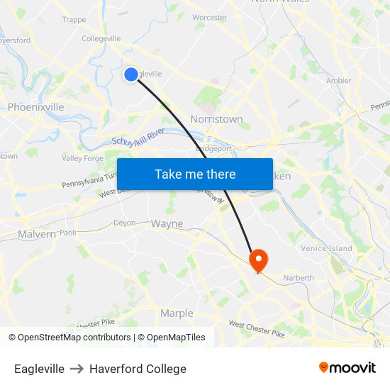 Eagleville to Haverford College map