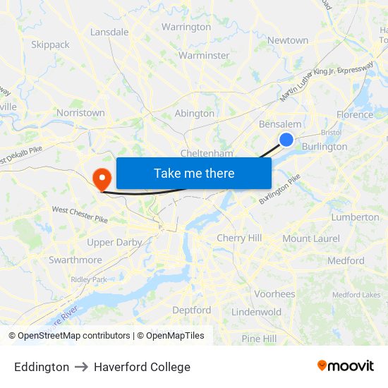 Eddington to Haverford College map