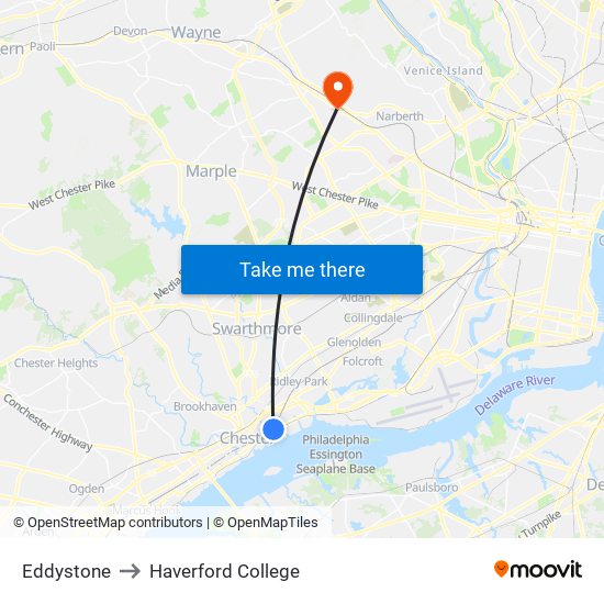 Eddystone to Haverford College map