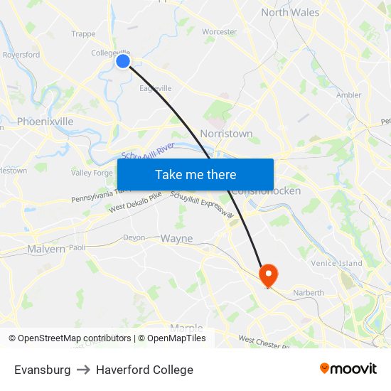 Evansburg to Haverford College map