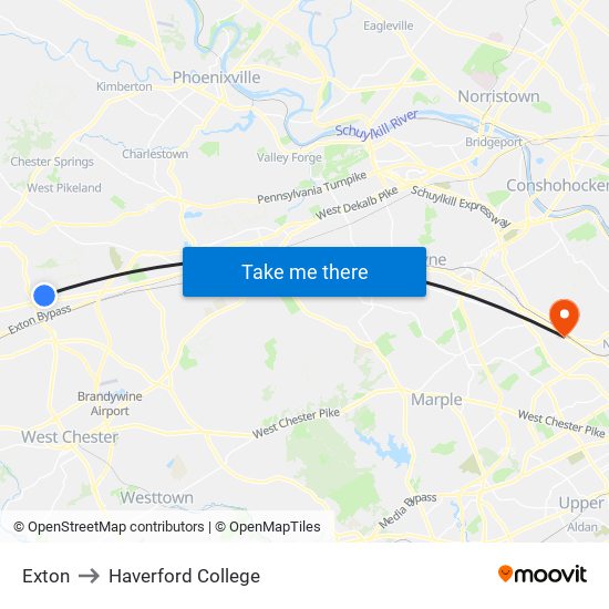 Exton to Haverford College map