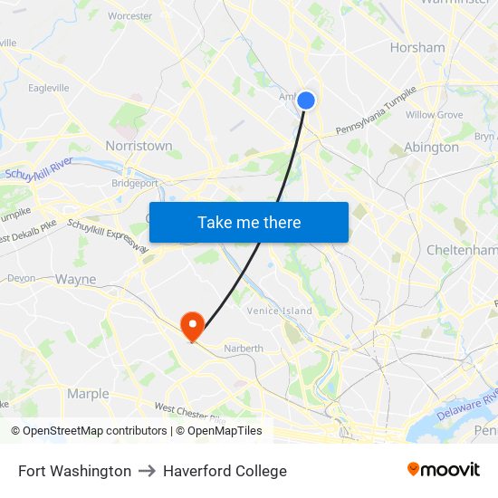 Fort Washington to Haverford College map
