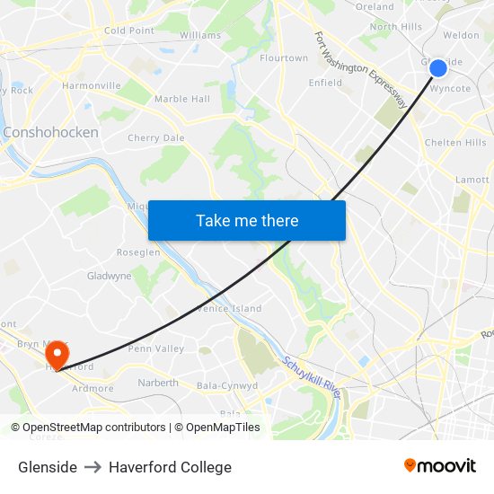 Glenside to Haverford College map
