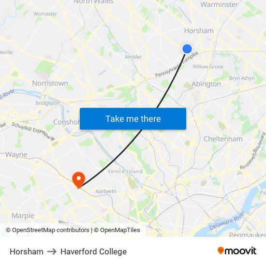 Horsham to Haverford College map