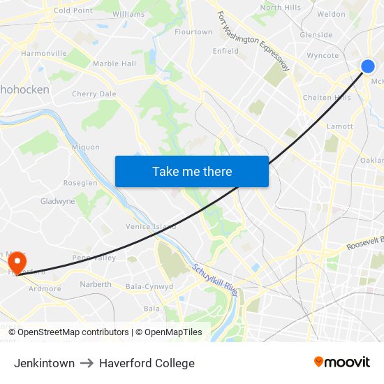 Jenkintown to Haverford College map