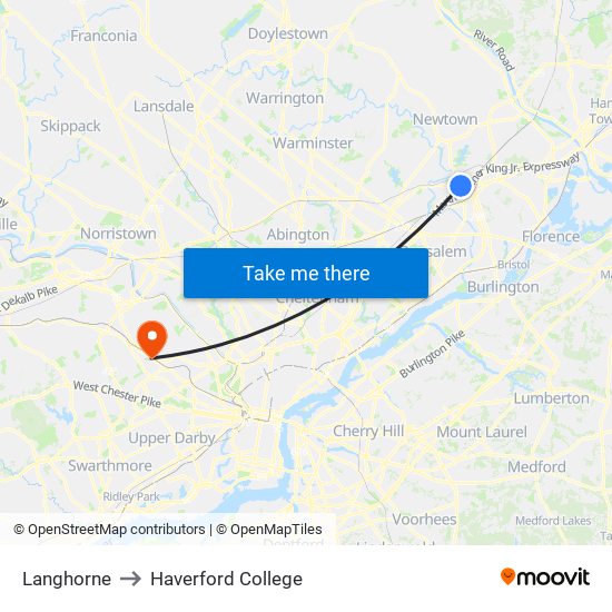 Langhorne to Haverford College map