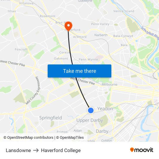 Lansdowne to Haverford College map