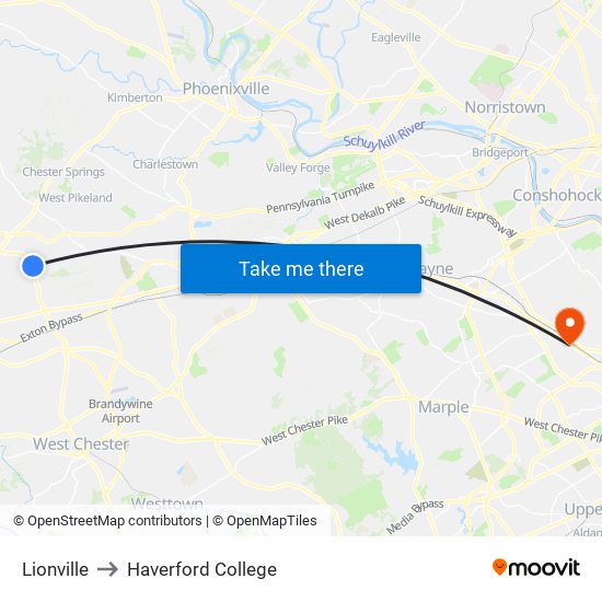 Lionville to Haverford College map