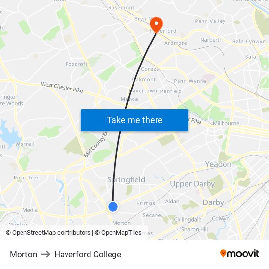 Morton to Haverford College map