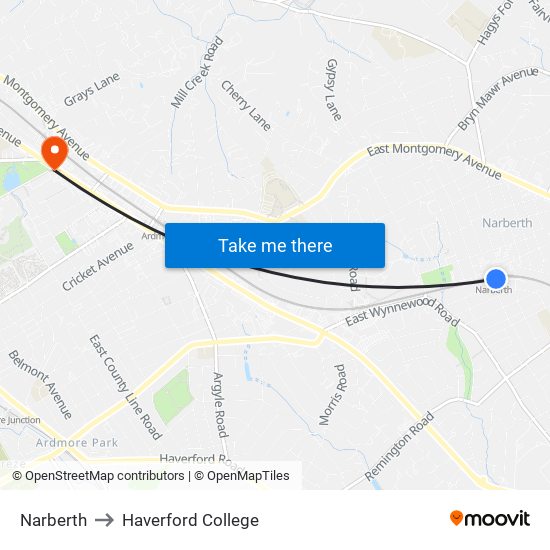 Narberth to Haverford College map