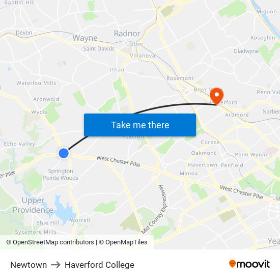 Newtown to Haverford College map
