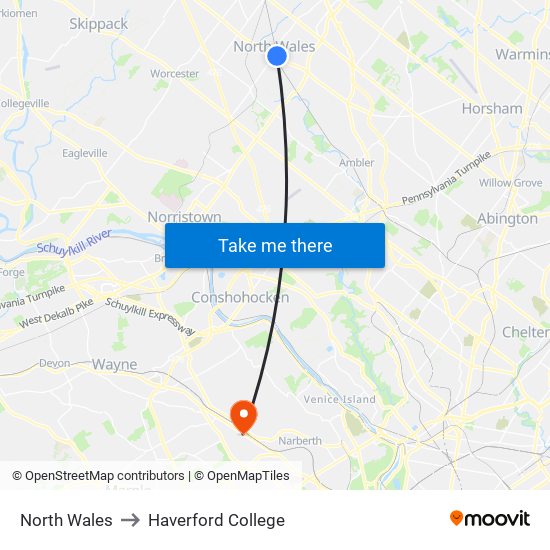 North Wales to Haverford College map