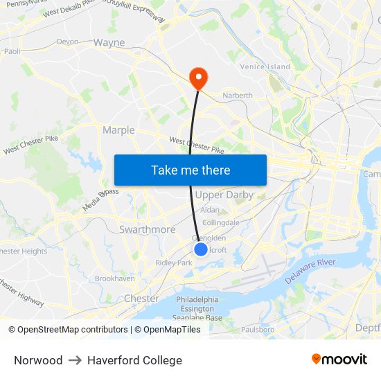 Norwood to Haverford College map