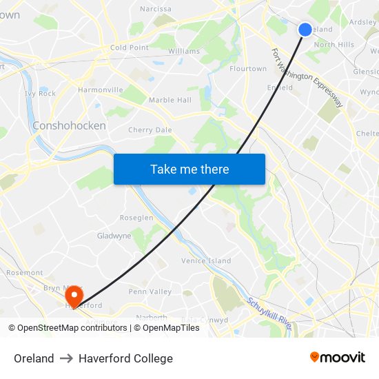 Oreland to Haverford College map