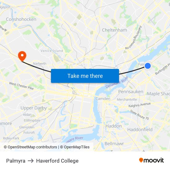 Palmyra to Haverford College map