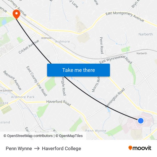 Penn Wynne to Haverford College map