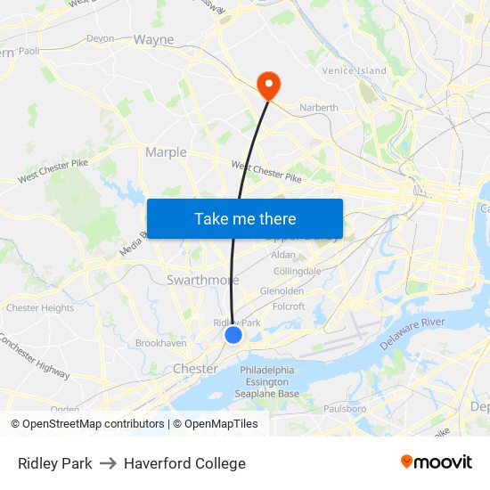 Ridley Park to Haverford College map