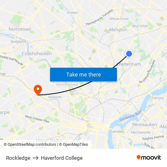 Rockledge to Haverford College map
