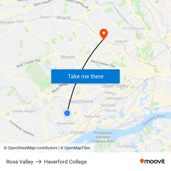 Rose Valley to Haverford College map