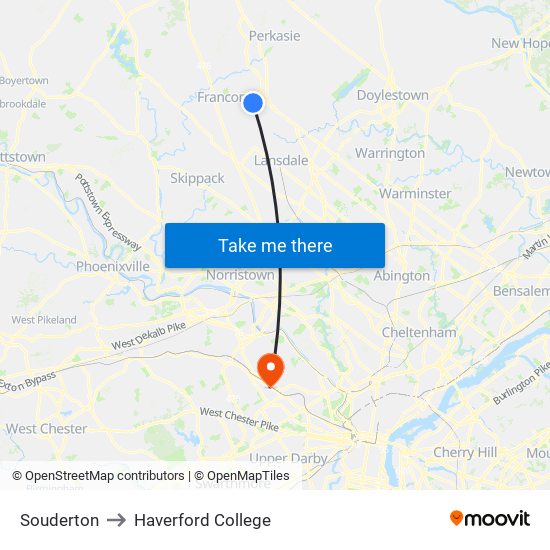 Souderton to Haverford College map